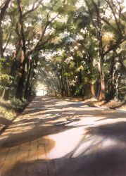 Rule 34 | day, forest, highres, nature, no humans, original, outdoors, painting (medium), road, scenery, shadow, sunlight, tlctm7h8wdwnthx, traditional media, tree, tree shade, watercolor (medium)