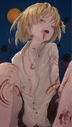 Rule 34 | 1girl, bad id, bad pixiv id, black skirt, blonde hair, blood, blood on face, blush stickers, collarbone, collared shirt, crescent, dress shirt, fang, flat chest, hair ornament, highres, long sleeves, looking at viewer, looking down, moon, night, night sky, open clothes, open mouth, open shirt, red eyes, rumia, shirt, short hair, sketch, skirt, sky, solo, stitches, touhou, unbuttoned, unbuttoned shirt, white shirt, yukima (yushika)