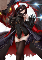 Rule 34 | 1girl, absurdly long hair, absurdres, azur lane, bare shoulders, black dress, black hair, breasts, brown thighhighs, buttons, double-breasted, dress, friedrich der grosse (azur lane), from below, gloves, gold trim, hair between eyes, highres, horns, large breasts, light smile, long hair, looking at viewer, looking down, mechanical horns, microdress, non-humanoid robot, red gloves, red horns, rigging, robot dragon, simple background, skindentation, slit pupils, solo, standing, taut clothes, taut dress, thighhighs, thighs, very long hair, white background, yellow eyes, zettai ryouiki, zuishangxi