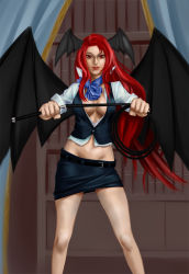 Rule 34 | 1-05, 1girl, adapted costume, bat wings, belt, black vest, book, bookshelf, breasts, cleavage, collared shirt, commentary request, curtains, highres, koakuma, legs, lips, long hair, long sleeves, looking at viewer, midriff, miniskirt, navel, nose, open clothes, open shirt, open vest, red eyes, red hair, ribbon, shirt, skirt, sleeves rolled up, solo, stomach, thighs, touhou, very long hair, vest, whip, wings
