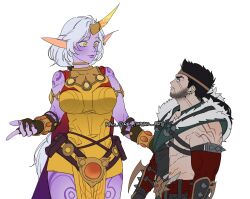Rule 34 | 1boy, 1girl, arm tattoo, armor, artist name, bare shoulders, beard, black hair, breasts, brown gloves, colored skin, detached sleeves, draven, dress, earrings, eye contact, facial hair, fingerless gloves, fur trim, gloves, height difference, highres, jewelry, large breasts, league of legends, looking at another, mag cora imparo, muscular, muscular male, orange dress, pink skin, shoulder tattoo, simple background, soraka (league of legends), tattoo, white background, yellow eyes