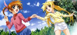 Rule 34 | 10s, 2girls, absurdres, blonde hair, blue eyes, brown hair, casual, cloud, day, fate testarossa, holding hands, hashimoto takayoshi, highres, legs, long hair, lyrical nanoha, mahou shoujo lyrical nanoha, mahou shoujo lyrical nanoha the movie 1st, multiple girls, non-web source, nyantype, official art, open mouth, purple eyes, red eyes, scan, short twintails, sky, takamachi nanoha, twintails, very long hair, yuri