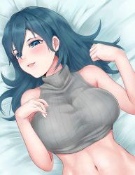 Rule 34 | 1girl, :d, absurdres, armpit crease, bad id, bad pixiv id, barefoot, bed sheet, blue eyes, blue hair, blush, breasts, byleth (female) (fire emblem), byleth (fire emblem), commentary request, crop top, dutch angle, eyebrows hidden by hair, fire emblem, fire emblem: three houses, grey shirt, hair between eyes, highres, large breasts, looking at viewer, medium hair, midriff, navel, nintendo, on bed, open mouth, ribbed shirt, shiraga moyashi, shirt, sidelocks, sleeveless, sleeveless turtleneck, smile, solo, taut clothes, taut shirt, turtleneck, upper body