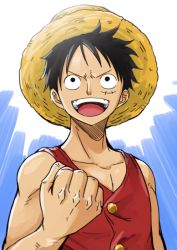 Rule 34 | 1boy, :d, black eyes, black hair, clenched hand, collarbone, facial scar, hat, male focus, monkey d. luffy, one piece, open mouth, scar, scar on cheek, scar on face, sleeveless, smile, solo, straw hat, sun hat, tsukikage oyama, yellow hat