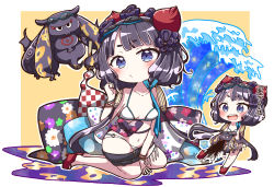 Rule 34 | 1girl, absurdres, animal, bangle, bare shoulders, between legs, bikini, blue eyes, blunt bangs, blush, bracelet, breasts, brown background, chibi, closed mouth, collarbone, fate/grand order, fate (series), floral print, goggles, goggles on head, hair ornament, hand between legs, hand up, highres, ink, jako (jakoo21), jewelry, katsushika hokusai (fate), katsushika hokusai (swimsuit saber) (fate), long hair, looking at viewer, low twintails, medium breasts, navel, o-ring, o-ring bikini, o-ring bottom, octopus, outline, platform footwear, purple hair, red footwear, short eyebrows, sitting, swimsuit, thick eyebrows, tokitarou (fate), translation request, twintails, two-tone background, very long hair, water, waves, white background, white bikini, white outline