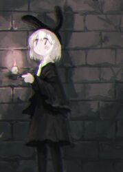 Rule 34 | 1girl, animal ears, black dress, brick wall, candle, chromatic aberration, closed mouth, commentary request, dress, fake animal ears, feet out of frame, hand up, highres, holding, holding candle, kezuru, long sleeves, looking to the side, original, rabbit ears, solo, standing, white hair, | |
