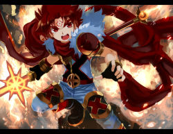 Rule 34 | 1boy, appllo (shinrabanshou), armlet, bracelet, child, fire, jewelry, male focus, pants, red eyes, red hair, scarf, shinrabanshou, sleeveless, sleeveless vest, solo, tattoo, vest, waseda adesaw