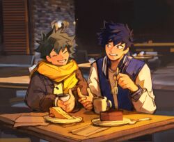 Rule 34 | 2boys, black hair, black jacket, boku no hero academia, cake, cake slice, closed eyes, commentary, commission, cup, english commentary, fenkko, food, fork, green hair, holding, holding cup, holding fork, indoors, jacket, letterman jacket, long sleeves, looking at viewer, making-of available, male focus, midoriya izuku, mug, multiple boys, no freckles, plate, restaurant, scarf, shindou you, short hair, sitting, smile, spoon, table, yellow scarf