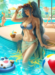 Rule 34 | 3boys, 5girls, ass, ball, beachball, bikini, blonde hair, blue eyes, blue hair, breasts, caitlyn (league of legends), carrying over shoulder, cleavage, coconut, collarbone, earrings, eyewear on head, garen (league of legends), gradient hair, halterneck, highres, jewelry, large breasts, league of legends, long hair, lux (league of legends), medium breasts, mermaid, monster girl, multicolored hair, multiple boys, multiple girls, musical note, nami (league of legends), navel, pool, pool noodle, pool party (league of legends), pool party caitlyn, poro (league of legends), shell, shell bikini, sona (league of legends), string bikini, sunglasses, swimsuit, tagme, twintails, vastaya, very long hair, yasuo (league of legends), yone (league of legends), zarory