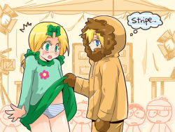 Rule 34 | 6+boys, ^^^, beanie, blonde hair, blue eyes, bow, butters stotch, character request, clothes lift, coat, dress, english text, green eyes, hair bow, hat, kenny mccormick, male focus, marjorine, mittens, multiple boys, open mouth, panties, parted lips, sakurapanda, skirt, skirt lift, south park, striped clothes, striped panties, trap, underwear