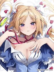 Rule 34 | 1girl, aki rosenthal, aki rosenthal (1st costume), blonde hair, blue eyes, blush, breasts, chigusa minori, cleavage, collarbone, commentary request, hand on own chest, highres, hololive, large breasts, looking at viewer, official art, parted lips, petals, short hair, single bare shoulder, solo, upper body, virtual youtuber