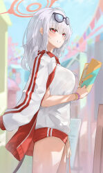 Rule 34 | 1girl, blue archive, blurry, blurry background, blush, bracelet, breasts, buruma, dema hmw, demon tail, grey hair, gym shirt, gym uniform, halo, haruna (blue archive), haruna (track) (blue archive), highres, jacket, jacket on shoulders, jewelry, large breasts, long hair, official alternate costume, outdoors, red buruma, red eyes, shirt, smile, solo, tail, track jacket