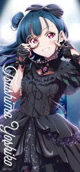 Rule 34 | 1girl, 2017, absurdres, artist request, black dress, black gloves, blue hair, blush, character name, commentary request, copyright name, corset, dot nose, dress, fingerless gloves, fingernails, gloves, goth fashion, hair bun, hands up, highres, long hair, looking at viewer, love live!, love live! sunshine!!, monocle, official art, official wallpaper, purple eyes, smile, solo, teeth, tsushima yoshiko, v