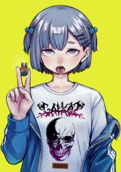 Rule 34 | 1girl, asymmetrical bangs, blue eyes, blue hair, blue jacket, blunt ends, female focus, hair bobbles, hair ornament, highres, jacket, looking at viewer, off shoulder, original, piercing, saliva, saliva trail, shibata ico, shirt, solo, tongue piercing, two side up, upper body, white shirt