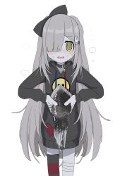 Rule 34 | 1girl, @ @, absurdres, bandaged leg, bandages, black bow, black collar, black hoodie, blush, bow, collar, grey hair, hair bow, hair over one eye, highres, holding, hood, hoodie, long hair, long sleeves, looking at viewer, open mouth, original, oyasu miyo (vreparty), pale skin, simple background, single thighhigh, solo, squid, tears, thighhighs, very long hair, vreparty, white background, yellow eyes