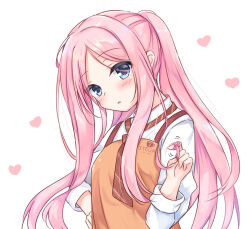 Rule 34 | 1girl, alternate hairstyle, apron, blue eyes, blush, breasts, cafe stella to shinigami no chou, collared shirt, commentary request, half updo, head tilt, heart, igarashi kenji, long hair, long sleeves, looking at viewer, no headwear, open mouth, orange apron, parted bangs, pink hair, playing with own hair, ponytail, shioyama suzune, shirt, shy, sidelocks, simple background, small breasts, solo, upper body, very long hair, white background, white shirt
