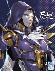 Rule 34 | 1girl, absurdres, android, apex legends, ash (titanfall 2), blue background, character name, commentary, copyright name, electricity, english commentary, fallen angel ash, fur trim, highres, hood, hood up, looking at viewer, mar10, metal skin, official alternate costume, simulacrum (titanfall), solo, upper body, white eyes