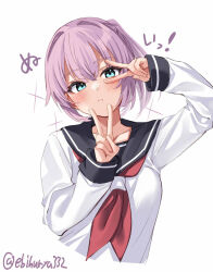 Rule 34 | 1girl, aqua eyes, blush, breasts, closed mouth, collarbone, cropped torso, double v, ebifurya, hair intakes, hands up, highres, kantai collection, long sleeves, looking at viewer, neckerchief, one-hour drawing challenge, pink hair, red neckerchief, sailor collar, school uniform, serafuku, shiranui (kancolle), shirt, small breasts, solo, sparkle, twitter username, upper body, v, white background, white shirt