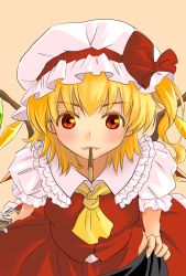 Rule 34 | 1girl, ascot, blonde hair, blush, fangs, flandre scarlet, food, hat, highres, looking at viewer, mouth hold, pocky, pocky day, pocky kiss, pov feeding, red eyes, sasurai no kuchibuefuki, shared food, sharing food, shirt grab, short hair, short sleeves, side ponytail, simple background, smile, solo, touhou, wings