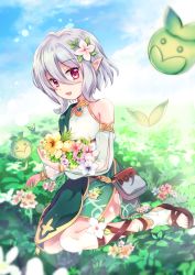 Rule 34 | 1girl, antenna hair, bag, bare shoulders, blue sky, blush, brown footwear, cloud, cloudy sky, collarbone, commentary request, day, detached sleeves, dress, flat chest, flower, gem, grey hair, hair between eyes, hair flower, hair ornament, kokkoro (princess connect!), long sleeves, looking at viewer, mongble, open mouth, outdoors, pink flower, plant, pointy ears, princess connect!, red eyes, see-through, shoes, short hair, sitting, sky, sleeveless, sleeveless dress, smile, solo, wariza, white flower, white legwear, yellow flower