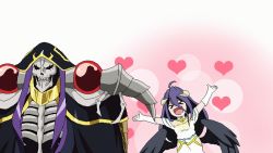 Rule 34 | &gt; &lt;, 1girl, ahoge, ainz ooal gown, albedo (overlord), animated, animated gif, armor, artist request, black wings, blush, breasts, cleavage, demon girl, dress, closed eyes, gloves, hair between eyes, happy, heart, horns, large breasts, lich, long hair, looking back, open mouth, overlord (maruyama), pauldrons, purple hair, saliva, shoulder armor, skeleton, ugoira, white dress, white gloves, wings