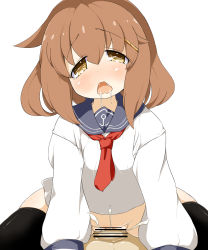 Rule 34 | 10s, 1boy, 1girl, ansui (happycore), bar censor, black thighhighs, censored, cowgirl position, cum, cum in pussy, eyebrows, girl on top, hetero, highres, ikazuchi (kancolle), kantai collection, long sleeves, necktie, open mouth, penis, pointless censoring, pussy, saliva, sex, shiny skin, shirt, simple background, solo focus, straddling, tears, thighhighs, vaginal, white background, white shirt