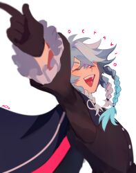 Rule 34 | 1boy, absurdres, arm up, black gloves, blue hair, blurry, blurry foreground, blush, character name, closed eyes, commentary, english commentary, foreshortening, frilled sleeves, frills, gloves, grey hair, hair between eyes, highres, holostars, holostars english, jacket, jacket on shoulders, long hair, male focus, mararu, octavio, open mouth, pointing, signature, smile, solo, teeth, tri braids, upper body, upper teeth only, virtual youtuber, white background