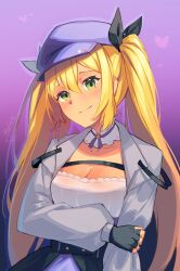 Rule 34 | 1girl, baseball cap, black gloves, black ribbon, blonde hair, blush, breasts, choker, cleavage, closed mouth, collar, commentary, detached collar, dokibird (vtuber), english commentary, fingerless gloves, frilled collar, frills, gloves, green eyes, grey jacket, hair between eyes, hair ribbon, hat, holding own arm, indie virtual youtuber, jacket, long hair, long sleeves, looking at viewer, medium breasts, open clothes, open jacket, purple background, purple hat, ribbon, sidelocks, simple background, smile, solo, star (symbol), star choker, upper body, very long hair, virtual youtuber, white ribbon, yokura (yukilina)