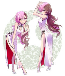 Rule 34 | 1girl, arms up, bent over, breasts, brown eyes, brown hair, china dress, chinese clothes, cleavage, closed mouth, commentary, dress, full body, hand on own thigh, heterochromia, high heels, highres, iesupa, leaning forward, legs, long hair, looking at viewer, medium breasts, multicolored hair, multiple views, neo politan, pink eyes, pink hair, rwby, side-tie dress, smile, split-color hair, thighs, very long hair, white dress, white footwear