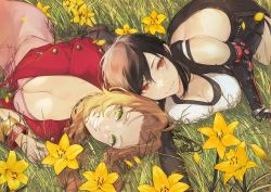 Rule 34 | 2girls, aerith gainsborough, black hair, bracelet, breasts, brown hair, cleavage, dress, fadingzz, field, final fantasy, final fantasy vii, flower, flower field, gloves, green eyes, jacket, jewelry, large breasts, crop top, multiple girls, overalls, red eyes, shirt, square enix, tifa lockhart