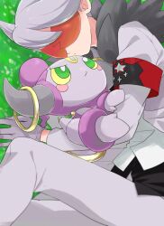 Rule 34 | 1boy, armband, black shirt, closed mouth, coat, commentary request, cowlick, creatures (company), from above, fur-trimmed coat, fur trim, game freak, gen 6 pokemon, gloves, grass, grey coat, grey gloves, grey hair, grey pants, holding, holding pokemon, hoopa, hoopa (confined), lear (pokemon), legendary pokemon, long sleeves, lying, male focus, miyawaki, mythical pokemon, nintendo, on side, pants, pokemon, pokemon (creature), pokemon masters ex, shirt, short hair, sunglasses
