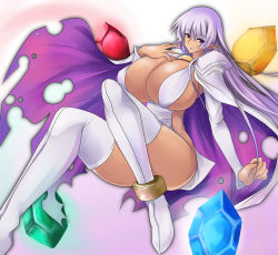 Rule 34 | 1girl, aq interactive, arcana heart, atlus, breasts, cape, dark-skinned female, dark skin, examu, female focus, gem, glowing, glowing jewelry, huge breasts, jewelry, legs, long hair, parace l&#039;sia, pointy ears, purple eyes, purple hair, revealing clothes, solo, thighhighs, torn cape, torn clothes, umino mokuzu (a4 size), white thighhighs