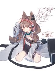 Rule 34 | 1girl, aged down, angelina (arknights), animal ears, arknights, blush, brown hair, dated, fox ears, fox girl, highres, infection monitor (arknights), long hair, long sleeves, open mouth, ouba itsuki, red eyes, signature, sitting, sleeves past fingers, sleeves past wrists, translation request, twintails, wariza, white background