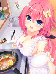 Rule 34 | 1girl, absurdres, apron, black ribbon, blue eyes, blush, bow, breasts, cat hair ornament, chopsticks, cleavage, collarbone, commentary request, cooking, cowboy shot, crossed bangs, frilled apron, frills, frying pan, hair between eyes, hair bow, hair ornament, hair ribbon, hamidashi creative, highres, holding, holding chopsticks, holding plate, indoors, kitchen, large breasts, long hair, looking at viewer, low twintails, naked apron, nanatsu (na na tsu), open mouth, pink hair, plate, ribbon, smile, solo, tokiwa kano, twintails, white apron, yellow bow