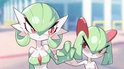 Rule 34 | 2girls, :&lt;, :/, arm at side, arm up, bare shoulders, blurry, blurry background, blush, bob cut, breasts, cleavage, closed mouth, collarbone, colored skin, creatures (company), crop top, day, drunkoak, eye contact, female focus, game freak, gardevoir, gen 3 pokemon, green hair, green shirt, hair between eyes, highres, holding another&#039;s arm, kirlia, light blush, long sleeves, looking at another, looking to the side, medium breasts, multiple girls, nintendo, off-shoulder shirt, off shoulder, outdoors, pokemon, pokemon (creature), red eyes, shiny clothes, shiny skin, shirt, short hair, sidelocks, skindentation, small breasts, standing, upper body, veins, veiny arms, white skin