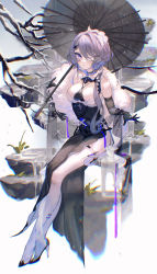 Rule 34 | 1girl, absurdres, arknights, bare shoulders, black dress, black gloves, black umbrella, blue eyes, breasts, commentary, dress, elbow gloves, eyepatch, feather boa, gloves, high heels, highres, looking at viewer, medium breasts, oil-paper umbrella, rumoon, side slit, silver hair, sitting, solo, thighs, umbrella, whisperain (arknights)