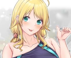 Rule 34 | 1girl, absurdres, aga marino, ahoge, aqua eyes, armpit crease, bare shoulders, blonde hair, blue one-piece swimsuit, blush, breasts, collarbone, competition swimsuit, covered navel, cowboy shot, hachimiya meguru, hair ornament, highleg, highleg swimsuit, highres, idolmaster, idolmaster shiny colors, indoors, large breasts, long hair, looking at viewer, low twintails, one-piece swimsuit, pool, solo, star (symbol), star hair ornament, strap pull, swimsuit, tongue, twintails