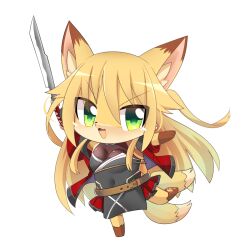 Rule 34 | 1girl, animal ears, barefoot, belt, black tabard, blonde hair, breasts, brown belt, character request, chibi, colored skin, commentary request, covered navel, fox ears, fox girl, fox tail, full body, furry, furry female, green eyes, hair between eyes, highres, holding, holding sword, holding weapon, hop step jumpers, jacket, leotard, leotard under clothes, lets0020, long hair, looking at viewer, medium bangs, medium breasts, multiple tails, open clothes, open jacket, open mouth, red jacket, red skirt, short sleeves, simple background, skirt, smile, solo, standing, standing on one leg, sword, tabard, tail, transparent background, two tails, v-shaped eyebrows, weapon, yellow skin