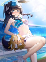 Rule 34 | 1girl, animal ears, bare arms, bare legs, bare shoulders, black hair, blue archive, blue eyes, blue sky, blurry, blurry background, blush, breasts, cheerleader, day, depth of field, dog ears, dog girl, dog tail, doggo34476335, eyewear on head, goggles, goggles on head, halo, hibiki (blue archive), hibiki (cheer squad) (blue archive), highres, holding, holding pom poms, long hair, looking at viewer, medium breasts, midriff, millennium cheerleader outfit (blue archive), miniskirt, navel, official alternate costume, open mouth, outdoors, pom pom (cheerleading), pom poms, ponytail, shoes, skirt, sky, sneakers, solo, stadium, standing, standing on one leg, star sticker, sticker on arm, sticker on face, sunglasses, tail, thighs, white skirt, yellow halo