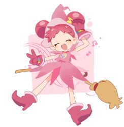 Rule 34 | 1girl, :d, ^ ^, arm up, asa yuki523, blush, boots, broom, closed eyes, commentary request, double bun, dress, fortissimo, full body, gloves, hair bun, hair ornament, hand on headwear, harukaze doremi, hat, magical girl, musical note, musical note hair ornament, ojamajo doremi, open mouth, pink dress, pink footwear, pink gloves, pink hat, pointy footwear, red hair, short bangs, short hair, smile, solo, standing, v, witch hat