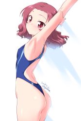 Rule 34 | 1girl, arched back, armpits, ass, back, backless swimsuit, blue one-piece swimsuit, commentary request, competition swimsuit, cowboy shot, dated, from side, girls und panzer, highres, kuzuryuu kennosuke, narrow waist, one-hour drawing challenge, one-piece swimsuit, one-piece thong, red eyes, red hair, rosehip (girls und panzer), short hair, simple background, solo, standing, stretching, swimsuit, twitter username, two-tone background, wavy hair, white background
