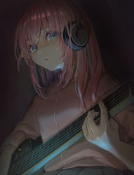 Rule 34 | 1girl, absurdres, akg k-series headphones, blue eyes, bocchi the rock!, breasts, cube hair ornament, dekalco, gotoh hitori, guitar, hair ornament, headphones, highres, holding, holding instrument, instrument, jacket, long hair, long sleeves, looking at viewer, music, parted lips, pink hair, pink jacket, playing instrument, small breasts, solo, upper body