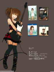 Rule 34 | 1girl, bare shoulders, bikini, black thighhighs, boots, brown hair, closed eyes, crop top, dress, dvd (object), electric guitar, flat chest, full body, garter straps, guitar, highres, holding, holding guitar, holding instrument, instrument, jewelry, long hair, miniskirt, multiple views, necklace, open mouth, original, pink bikini, ring, rustle, sitting, skirt, smile, swimsuit, thighhighs, twintails, videocassette, white dress