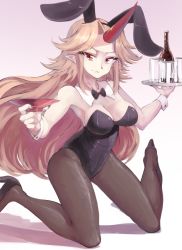 Rule 34 | 1girl, animal costume, animal ears, armband, black bow, black bowtie, black footwear, black pantyhose, blonde hair, bottle, bow, bowtie, breasts, cleavage, cup, fingernails, glass, gradient background, holding, holding cup, horns, hoshiguma yuugi, leotard, long fingernails, long hair, looking at viewer, nail polish, oni, open mouth, pantyhose, playboy bunny, pointy ears, rabbit ears, red eyes, red nails, sakazuki, seiza, single horn, sitting, smile, solo, sunnysideup, touhou, v-shaped eyebrows, white armband, wine bottle, wrist cuffs