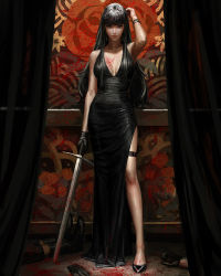 Rule 34 | 1girl, 2others, arm up, bare shoulders, black dress, black eyes, black footwear, black gloves, black hair, black legwear, blood, breasts, commentary, curtains, dress, gloves, unworn gloves, guweiz, highres, holding, holding sword, holding weapon, long hair, looking at viewer, medium breasts, multiple others, original, shoes, side slit, sleeveless, sleeveless dress, socks, solo focus, sword, symbol-only commentary, very long hair, weapon