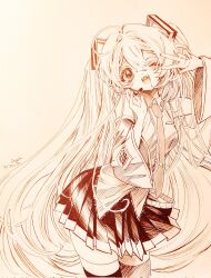Rule 34 | 1girl, ahoge, aya carmine, blush, collared shirt, commentary request, detached sleeves, greyscale, hair ornament, hatsune miku, headset, highres, long hair, looking at viewer, millipen (medium), monochrome, necktie, one eye closed, open mouth, pleated skirt, shirt, simple background, skirt, sleeveless, sleeveless shirt, smile, solo, thighhighs, traditional media, twintails, v, very long hair, vocaloid, zettai ryouiki