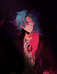 Rule 34 | 1boy, abs, azumishard, black background, blue hair, chest jewel, chest tattoo, coat, commentary, curtained hair, eiyuu densetsu, english commentary, gem, glowing, glowing eyes, hair over one eye, hajimari no kiseki, highres, long hair, mcburn, mullet, multicolored hair, open clothes, open coat, portrait, red eyes, sen no kiseki, solo, swept bangs, tattoo, two-tone hair, upper body