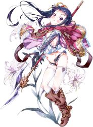 Rule 34 | 1girl, atelier (series), atelier totori, bare shoulders, black hair, blush, boots, breasts, female focus, flower, glaive (polearm), highres, long hair, mimi houllier von schwarzlang, niko (tama), nipples, polearm, ponytail, purple eyes, pussy, small breasts, solo, thighhighs, uncensored, upshorts