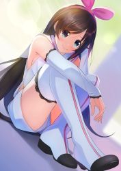 Rule 34 | 1girl, backlighting, bare shoulders, black hair, blush, boots, breasts, closed mouth, commentary, detached sleeves, dutch angle, green eyes, hair ribbon, hairband, highres, hugging own legs, kizuna ai, kizuna ai inc., lace-trimmed sleeves, lace trim, lens flare, light purple hair, long hair, looking at viewer, medium breasts, multicolored hair, nyanmaru, pink hairband, ribbon, sailor collar, shirt, short shorts, shorts, sideboob, sitting, smile, solo, thigh boots, thighhighs, virtual youtuber, white footwear, white shirt, white shorts, white sleeves