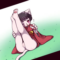 Rule 34 | 1girl, anus, black hair, blush, bottomless, cat, cleft of venus, female focus, full body, furry, furry female, gradient background, japanese clothes, lowres, omunikin, one eye closed, open mouth, pink eyes, pussy, setsu (omunikin), short hair, solo, spread legs, tears, white background
